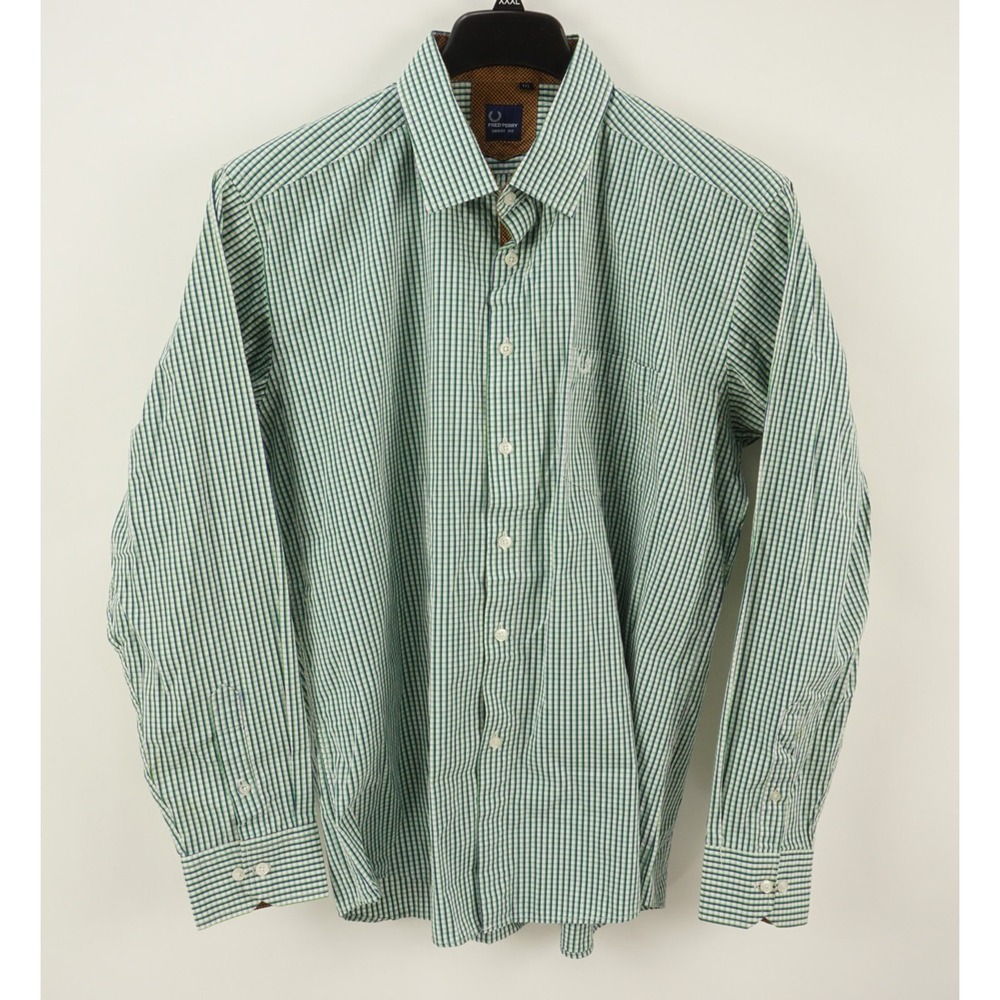 Fred Perry Smart Fit Men 17.5 Green Blue Plaid Cotton Chest Logo Button Up Shirt